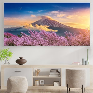Japanese Sakura Wall Decor, Japanese Flowering Cherry Blossom Art, Mount Fuji, Huge Canvas Wall Decor, Japanese Peaceful Modern Art,