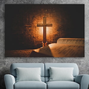 Cross And Bible Canvas, Holy Bible Wall Art, Cross Wall Decor, Huge Canvas Wall Art, Cross And Bible Canvas Print