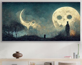 Moon Art, Skull Moon, Huge Canvas Home Decor, Moon Wall Decor, Aliens Art, Abstract Planet Wall Art