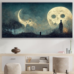 May include: A digital art print featuring a dark, mysterious landscape with two skeletal moons in the night sky. A lone figure stands in the foreground, silhouetted against the moons.