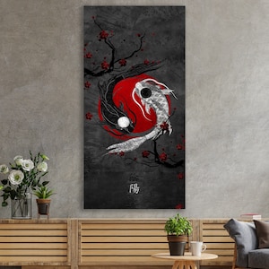 Japanese Koi Fish Art, Yin Yang Zen Wall Art, Koi Fish Canvas Print, Huge Canvas Wall Art, Yin Yang Circle Canvas, Zen Abstract Art