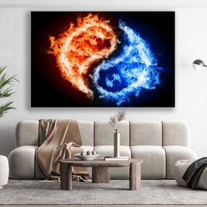 May include: A yin yang symbol made of fire and water. The fire is orange and red, and the water is blue. The background is black.