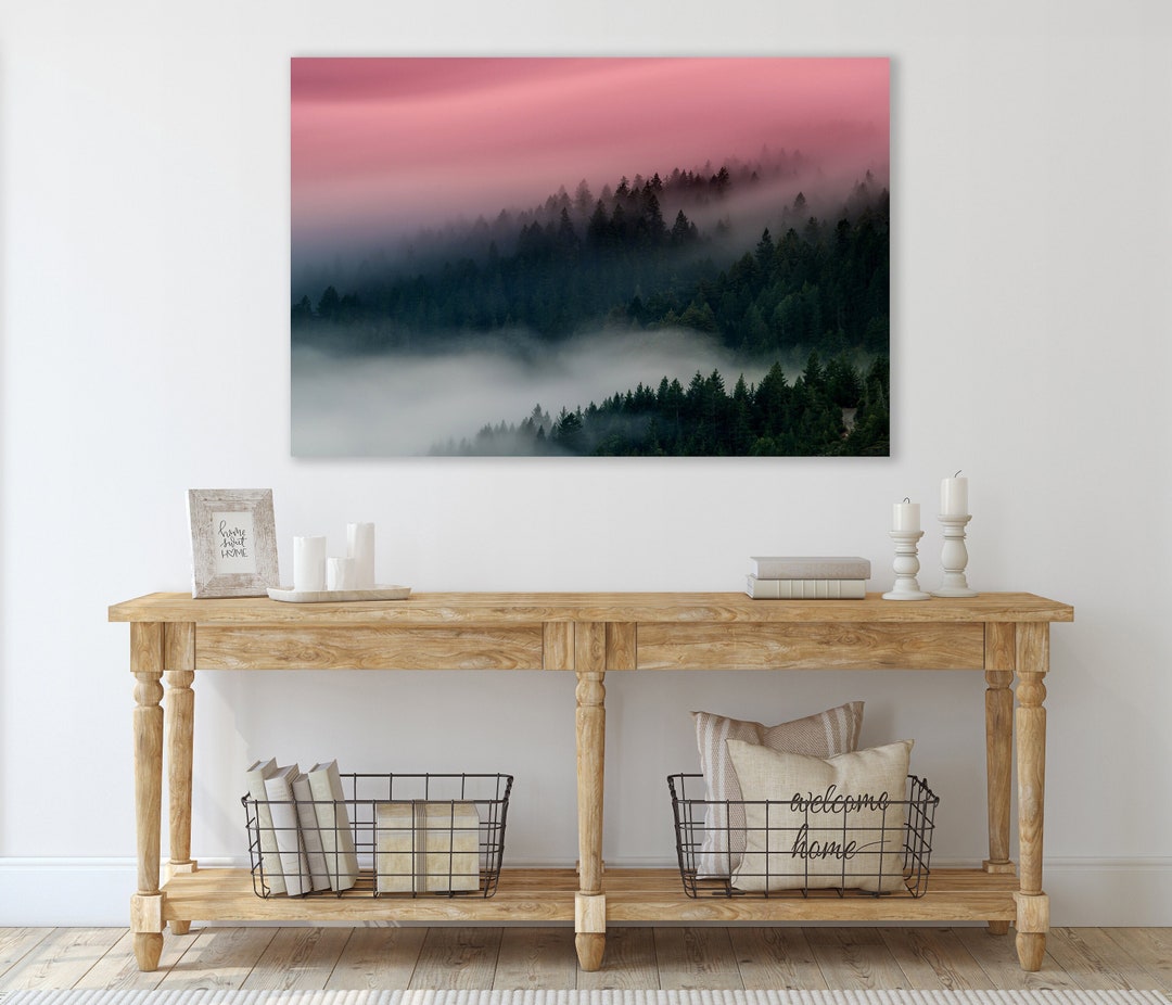 Misty Forest Fog Wall Art, Huge Canvas Home Decor, Foggy Forest