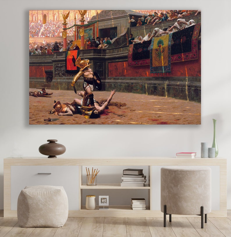 May include: A large canvas print depicting a dramatic scene of gladiatorial combat in an ancient Roman arena. Two gladiators are engaged in a fight, with one appearing victorious. The artwork features rich colors and detailed depictions of the arena and spectators.
