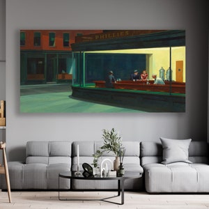 May include: A painting depicting a diner scene at night. The diner is called "Phillies" and has a green and white awning. There are four people sitting at the counter, and the diner is lit by a warm yellow light.