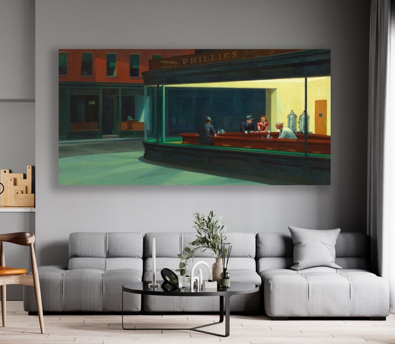 May include: A painting depicting a diner scene at night. The diner is called "Phillies" and has a green and white awning. There are four people sitting at the counter, and the diner is lit by a warm yellow light.