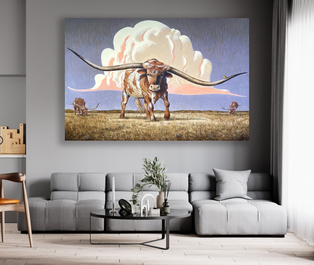 Texas Longhorn Cow Wall Art, Huge Canvas Home Decor, Farm Canvas, Longhorn Cattle Wall Decor