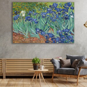 May include: A painting of a field of blue irises with green leaves. The flowers are painted in a vibrant, impressionistic style with thick brushstrokes.
