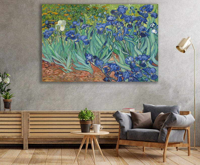 May include: A painting of a field of blue irises with green leaves. The flowers are painted in a vibrant, impressionistic style with thick brushstrokes.