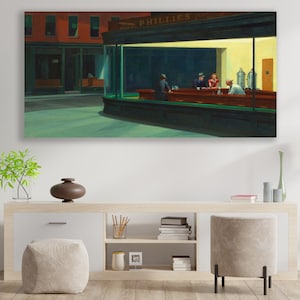 May include: A painting of a diner at night with four people sitting at the counter. The diner is called "Phillies" and has a green awning. The painting is in a minimalist style with muted colors.