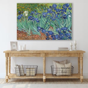 May include: A painting of a field of blue irises with a few white irises in the background. The painting is done in a style reminiscent of Vincent van Gogh.