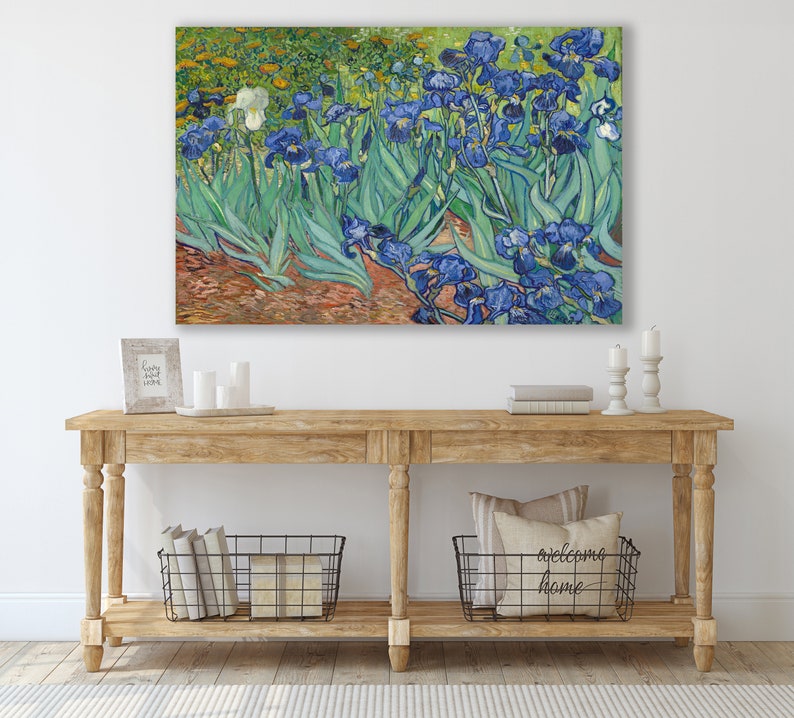May include: A painting of a field of blue irises with a few white irises in the background. The painting is done in a style reminiscent of Vincent van Gogh.