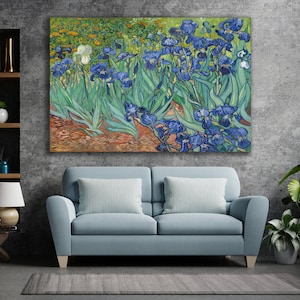 May include: A painting of a field of blue irises with green leaves. The flowers are in full bloom and the leaves are lush and green. The painting is done in a style reminiscent of Vincent van Gogh.