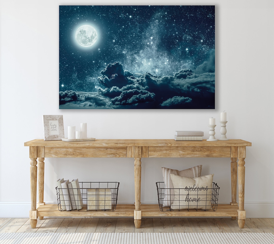 Moon Art Print, Sky Canvas, Stars Wall Art, Huge Canvas Wall Decor