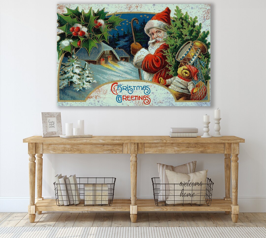 Rustic Christmas Wall Art, Santa Claus Art Print, Huge Canvas Home