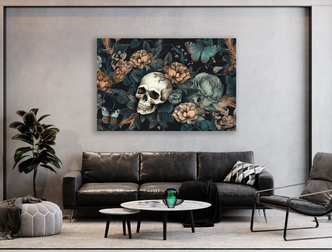 Skull and Flowers Wall Art, Huge Canvas Home Decor, Skull Canvas, Skull