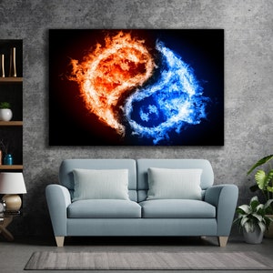 May include: Abstract art print featuring a yin yang symbol made of fire and water. The left side of the symbol is orange and red flames, while the right side is blue and white water.
