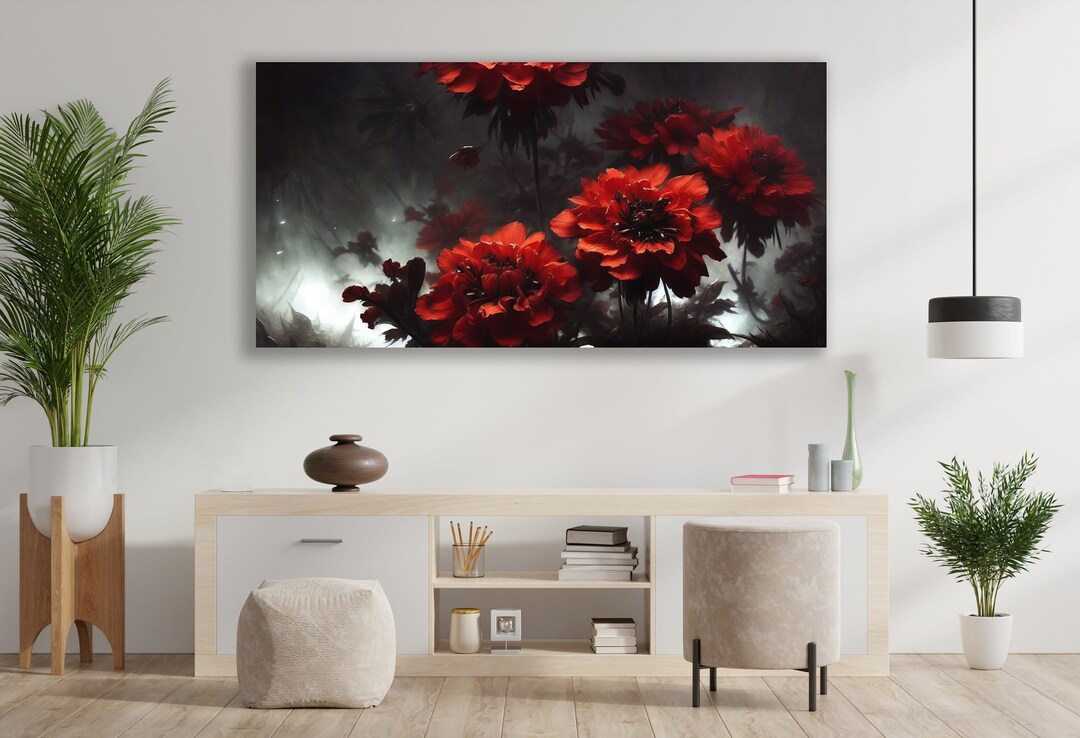 Red Flowers Art, Flowers Wall Art, Huge Canvas Wall Decor, Red Flowers ...