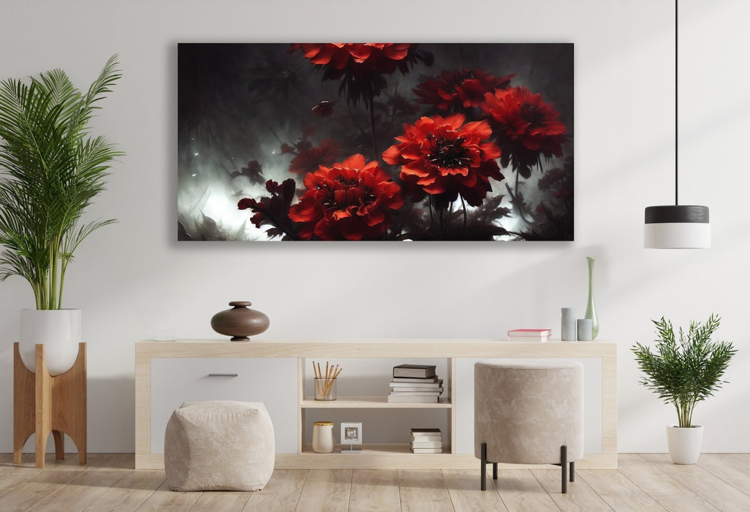 Red Flowers Art, Flowers Wall Art, Huge Canvas Wall Decor, Red Flowers
