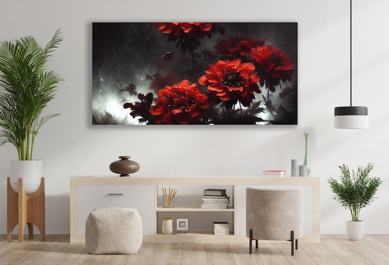 K&ouml;nnte beinhalten: Ein Gem&auml;lde von roten Blumen in einem dunklen, nebligen Wald. Die Blumen stehen in voller Bl&uuml;te und haben eine weiche, zarte Textur. Der Hintergrund ist dunkel und geheimnisvoll, mit einem Hauch von Licht, das durch die B&auml;ume scheint.