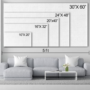 May include: A white canvas with different sizes marked out, showing the dimensions in inches. The canvas is displayed on a wall above a gray couch and a coffee table. The text "5 ft" is written below the canvas.