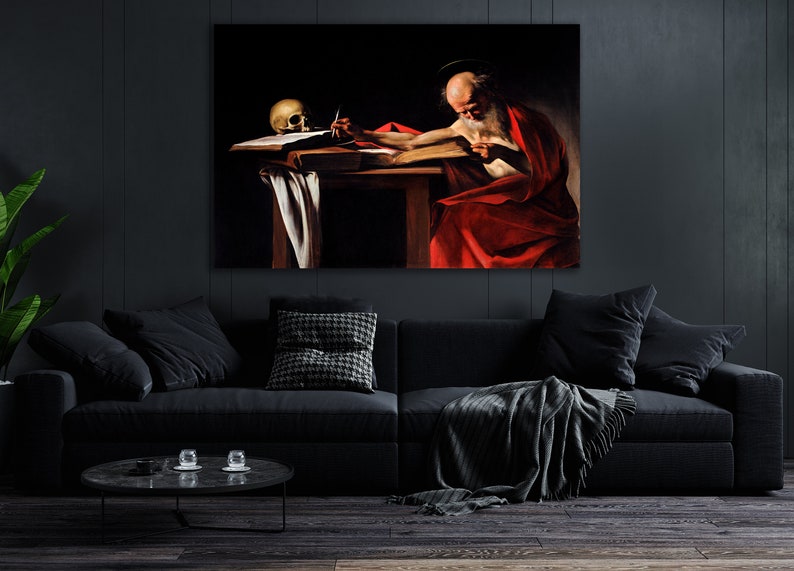 May include: A painting of a man in a red robe writing at a table with a skull on it. The painting is in a dark, moody style.