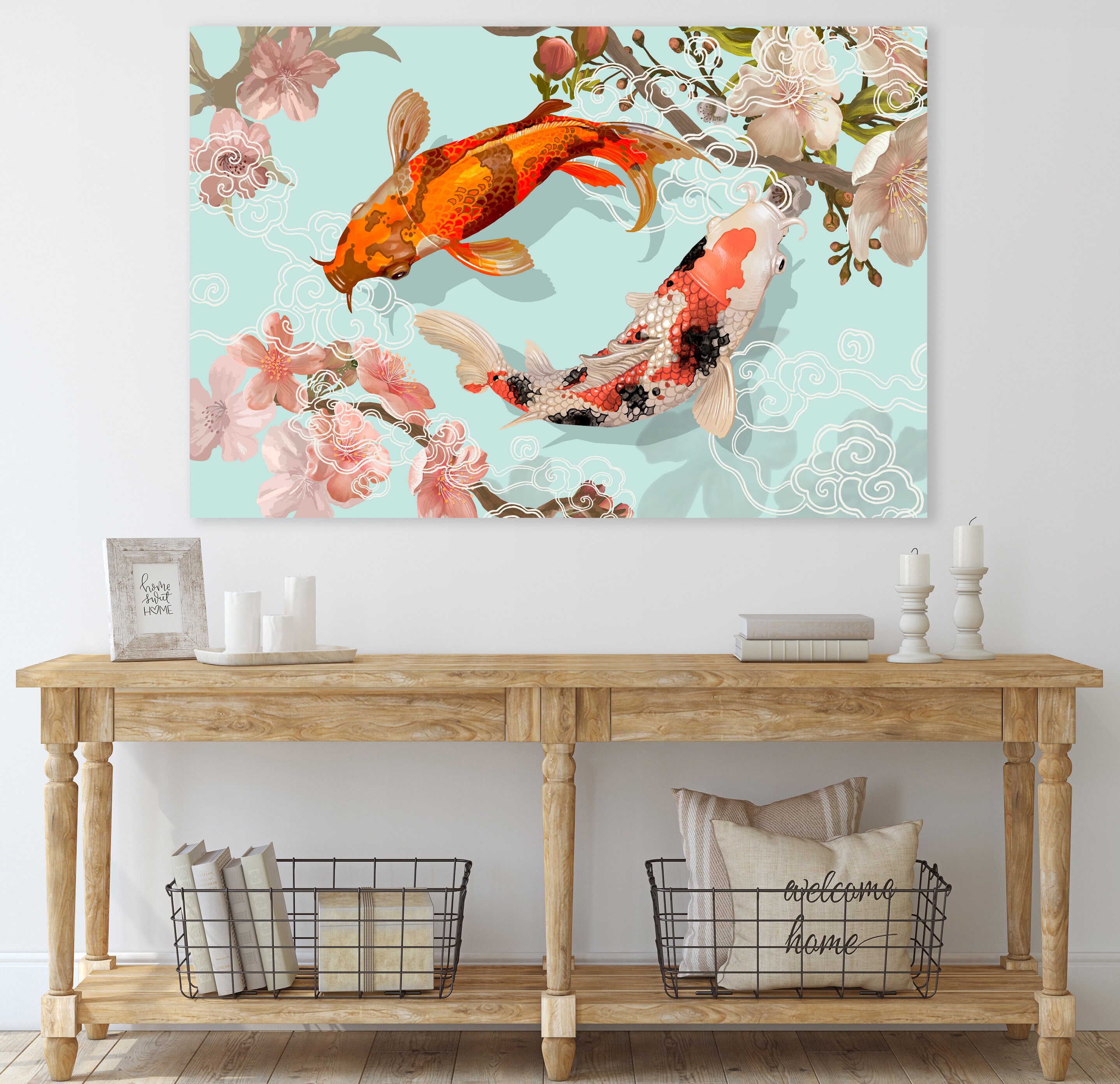 Japanese Koi Fish, Yin Yang Zen Wall Art, Koi Wall Decor, Huge