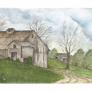 May include: A watercolor painting of a rural scene with two weathered barns and a dirt road leading to them. The barns are surrounded by green grass and trees, and the sky is cloudy.