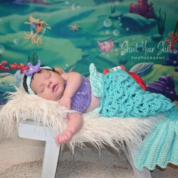 MERMAID BABY OUTFIT, Mermaid Tail, Shell Top, and Headband