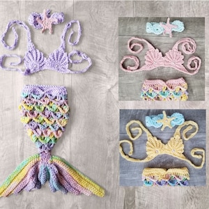 MERMAID BABY OUTFIT, Pastel Rainbow, Crocheted Mermaid Tail, Shell Top, and Headband