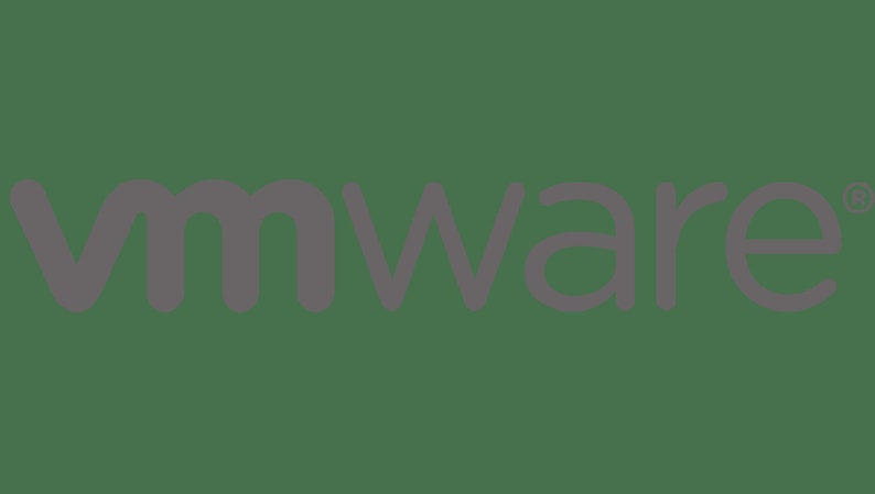 May include: The VMware logo is a grey wordmark with a stylised font. The word "vmware" is in all lowercase letters.