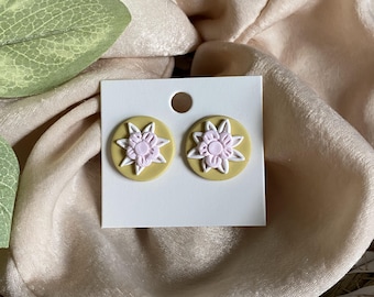 Yellow Floral Stud Earring - Pink Yellow and White Earring - Handmade Polymer Clay Earrings - Hypoallergenic
