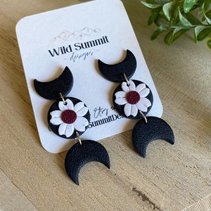 Black Moon Phase Earring - Dark Floral Earring - Handmade Polymer Clay Earrings - Hypoallergenic