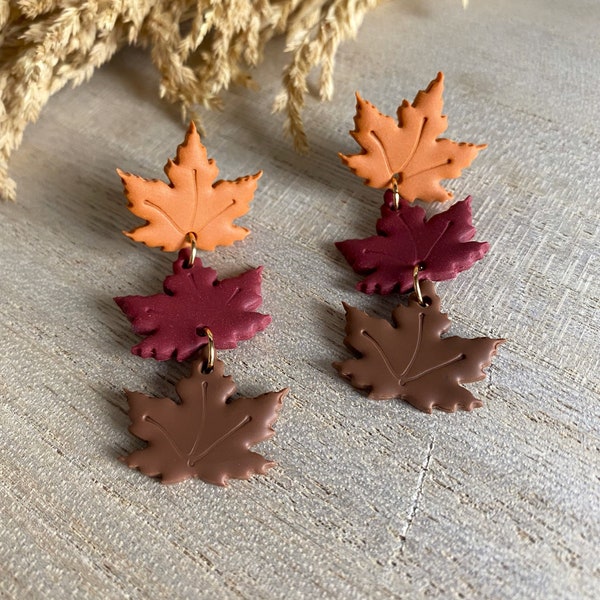 Fall Maple Leaf Earring - Autumn Leaves Earring Chain - Handmade Polymer Clay Earrings - Hypoallergenic