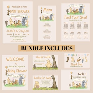 Printable Classic Winnie The Pooh Bear Invitation Bundle For Baby Shower Hundred Acre Wood Sign Instant Download Template Editable Menu Card
