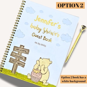 Winnie the pooh with a pot of hunny honey welcome to hundred acre wood baby shower guest book with a gold pen and crystal on top. Featuring gold foil lettering to customize your guest book for baby shower memory scrapbook instax photo album guestbook
