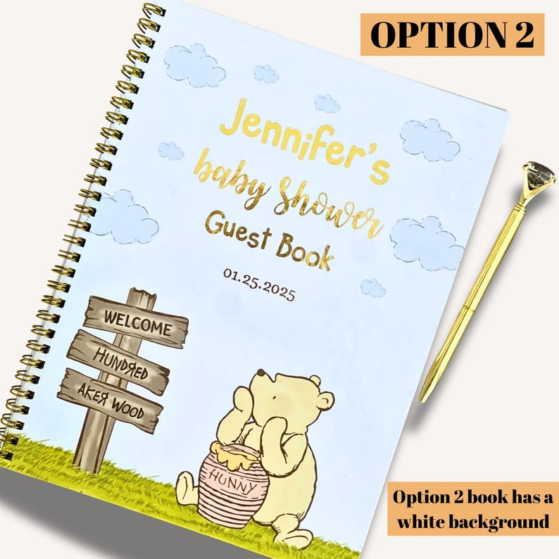 Winnie the pooh with a pot of hunny honey welcome to hundred acre wood baby shower guest book with a gold pen and crystal on top. Featuring gold foil lettering to customize your guest book for baby shower memory scrapbook instax photo album guestbook
