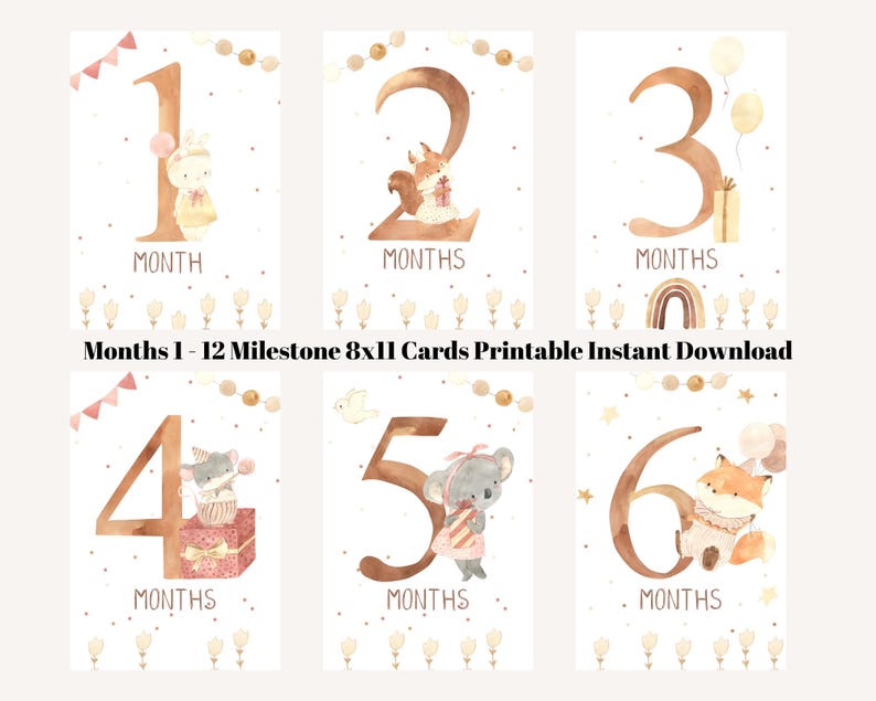 Boho Baby Milestone Cards, Watercolor Animals (digital Download) - Etsy