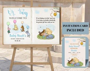 Classic Winnie The Pooh Story Book Welcome Sign For Baby Shower Entrance Door Instant Download and Free Personalize Editable Invitation Card