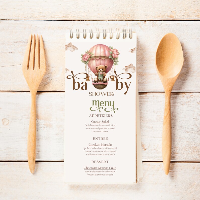 Pink Arc Rose Bear Menu Flower Basket It's a Girl Baby Shower Dinner