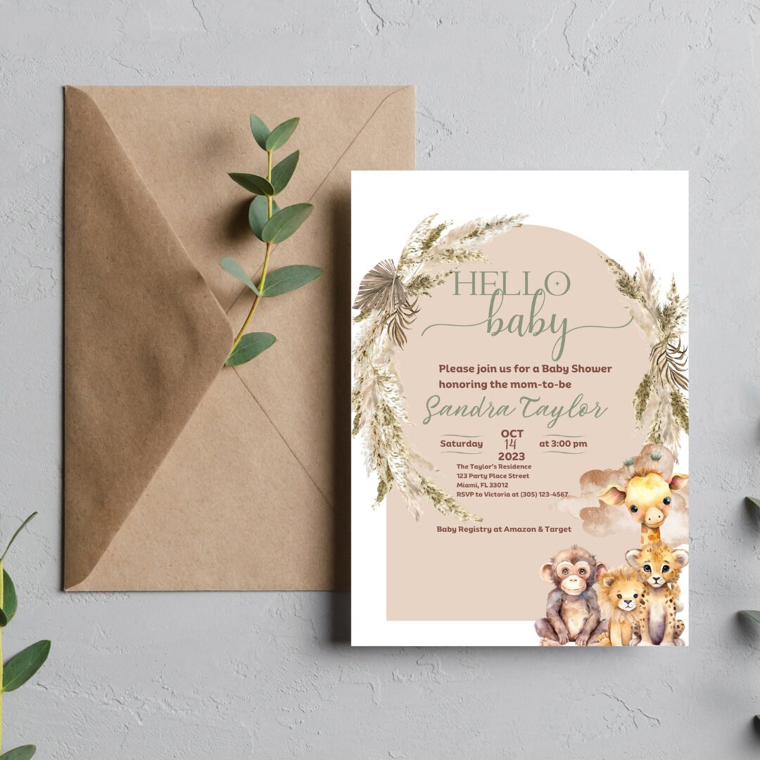 Safari Animals Baby Shower Invitation Templates Hello Baby Thank You