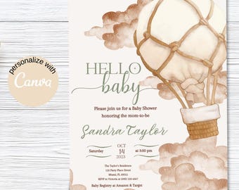 Safari Hot Air Balloon Baby Shower Invitation (Editable, Printable)