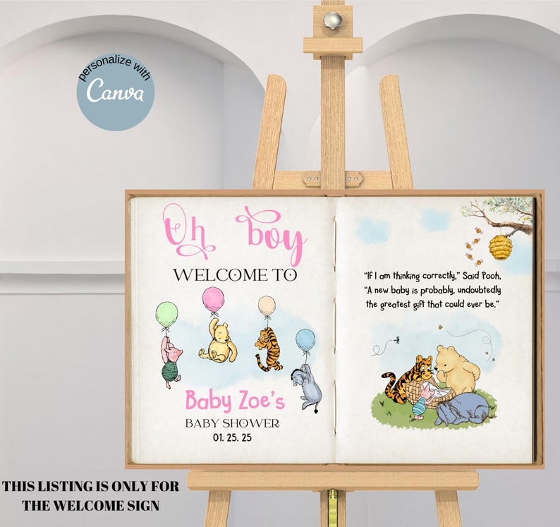 Classic Winnie the Pooh Story Book Sign for Baby Shower