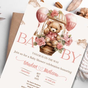 Roze roos beer uitnodiging sjabloon kaart voor nieuw meisje moeder babyshower Instant Download bewerkbare sjabloon uitnodigen bloemen douche sjabloon kaart