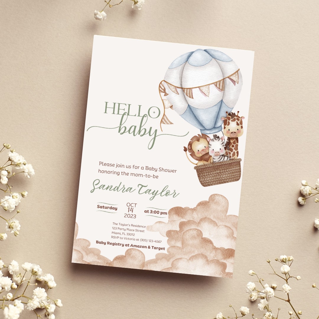 Hello Baby Safari Animals Hot Air Balloons Baby Shower Invitation ...