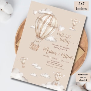 Plantilla de invitación para baby shower con globo aerostático de género neutro, tarjeta de revelación de género, personalizada, editable, descarga instantánea, invitación para fiesta