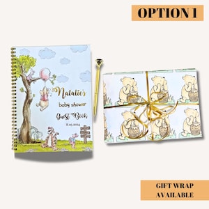 winnie the pooh guest book and gold pen gift wrapped for a baby shower or gender reveal gift for new parents