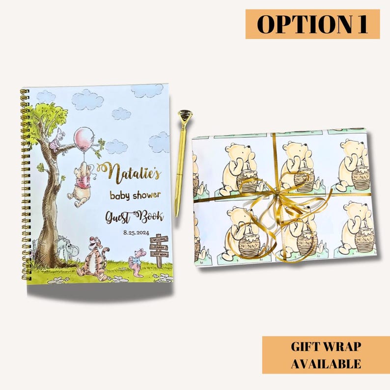 winnie the pooh guest book and gold pen gift wrapped for a baby shower or gender reveal gift for new parents
