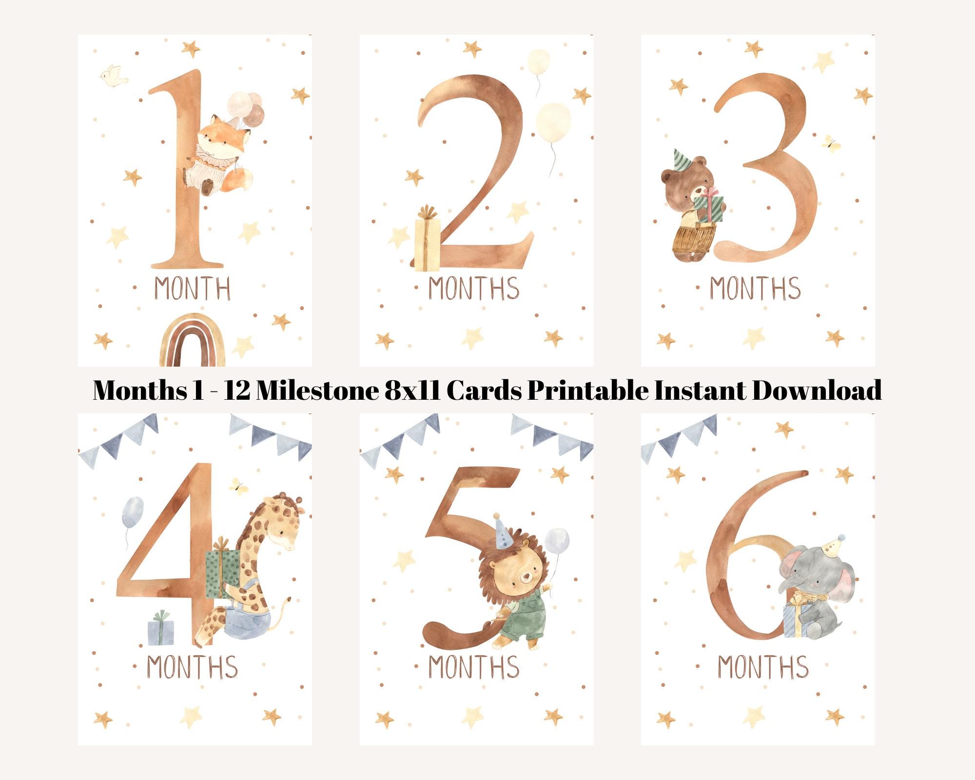 Baby Boy Milestone Cards, Watercolor Animals 1-12 Months (digital ...