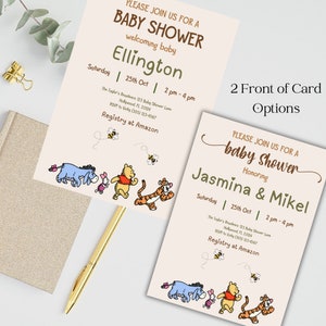 Vintage Winnie de Pooh Baby Shower Bundel uitnodigingssjabloon Canva bewerkbare uitnodiging Instant Download Welkom deur teken sjabloonbundel